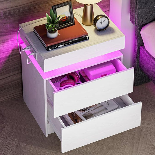 LIKIMIO Nightstand with Charging Station LED Light and 2 Drawers White | bedside table; end table; charging station; LED light; 2 drawers; White wood grain; small spaces
