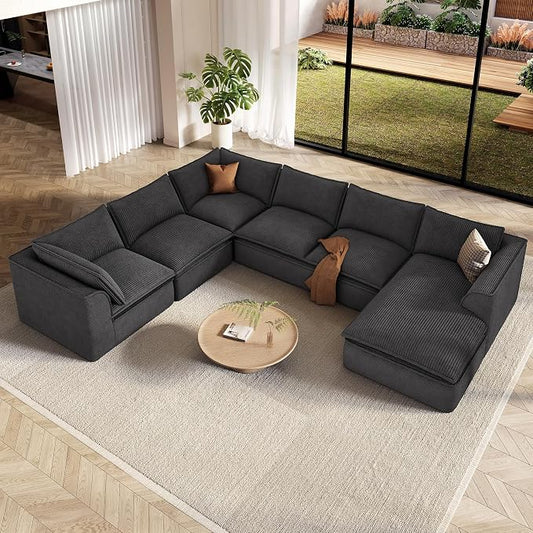 Vesgantti 141.7" Oversized Boneless Sectional Couch, Modern 7 Seater Modular Sofa with Chaise, Deep Seat Convertible Corduroy Cloud Couches for Living Room, No Assembly Required, Black