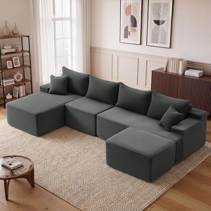 Mangodan 118'' Cloud Sectional Couch, U Shaped Boneless Couches for Living Room, Modular Sectional Sofa with Deep Seat Light Facing Chaise, Comfy Cloud Couch Sofa, Gray