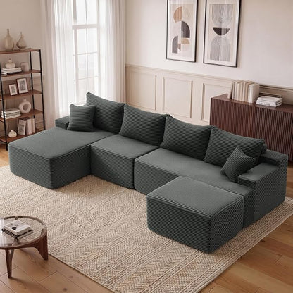 Mangodan 118'' Cloud Sectional Couch, U Shaped Boneless Couches for Living Room, Modular Sectional Sofa with Deep Seat Light Facing Chaise, Comfy Cloud Couch Sofa, Gray