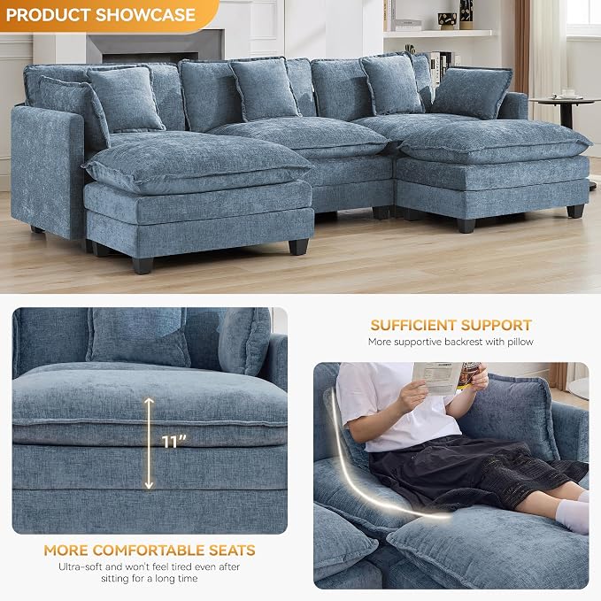 111'' Sectional Cloud Deep Seat Couch, Oversized Chenille U Shaped Sectional Sofa for Living Room Set, Comfy Upholstered Modular 5-Seats Sectional Sofa Couch with 2 Movable Ottoman, Blue