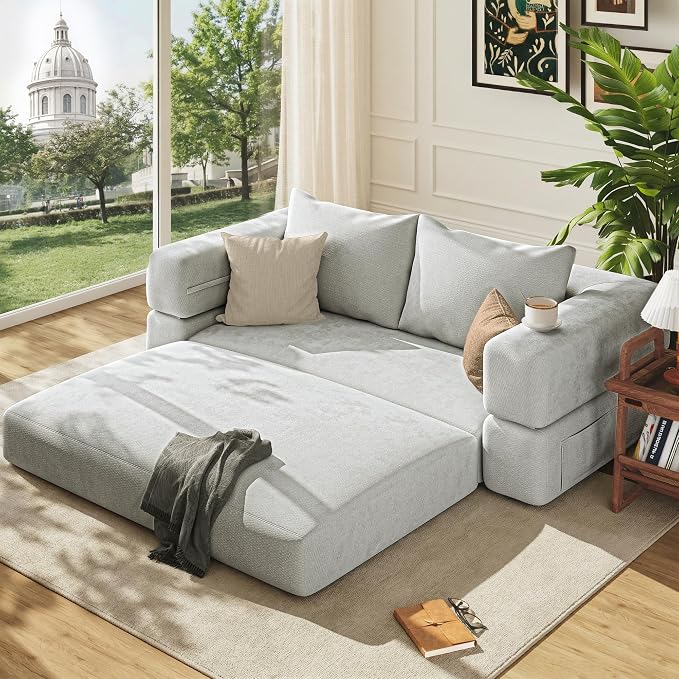 75'' Folding Convertible Sofa Bed with Large Pillow, 4-in-1 Foldable Pull Out Futon Sofa Bed, Chenille Boneless Mattress Couch, No Assembly Floor Sleeper Sofa Bed for Living Room/Bedroom, Cool Gray