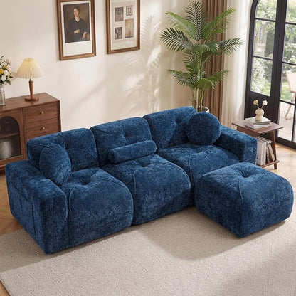 112" Modular Sectional Cloud Couch, L Shaped Sofa Boneless Couches with Movable Ottoman, 3 Deep Seat Modern Comfy Velvet Sofa for Living Room, Bedroom, Apartment (Blue)