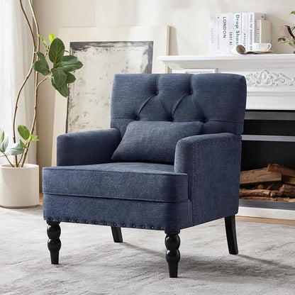 HUIMO Accent Chair for Living Room, Tufted Upholstered Club Chair with Lumbar Pillow, Vintage Reading Armchair with Solid Wood Legs for Bedroom Apartment, Indigo Blue
