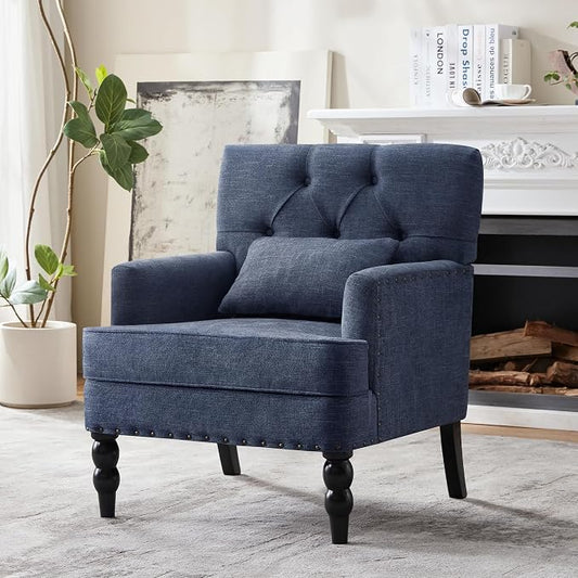 HUIMO Accent Chair for Living Room, Tufted Upholstered Club Chair with Lumbar Pillow, Vintage Reading Armchair with Solid Wood Legs for Bedroom Apartment, Indigo Blue