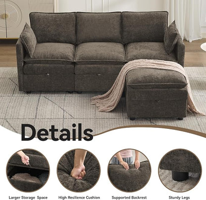 80" Cloud Modular 3 Seater Sofa with Storage Ottoman, Modern Upholstered Storage Sofa Couch Deep Seat, L Shape Sectional Sofa Chenille Comfy Couch with Armrests for Living Room, Small Space, Brown
