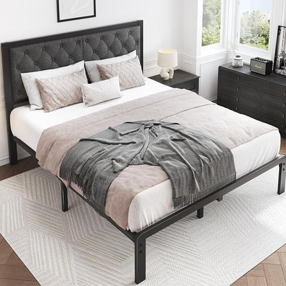 HISOFT Queen Bed Frame with Upholstered Button Tufted Headboard, Bed Frame Platform Metal Slats Support, Under Bed Storage, No Box Spring Needed, Noise-Free, Easy Assembly, Grey