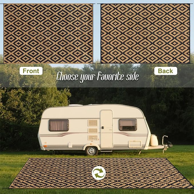 SAND MINE Reversible Mats, Plastic Straw Rug, Modern Area Rug, Large Floor Mat and Rug for Outdoors, RV, Patio, Backyard, Deck, Picnic, Beach, Trailer, Camping, Black & Brown, 10' x 14'