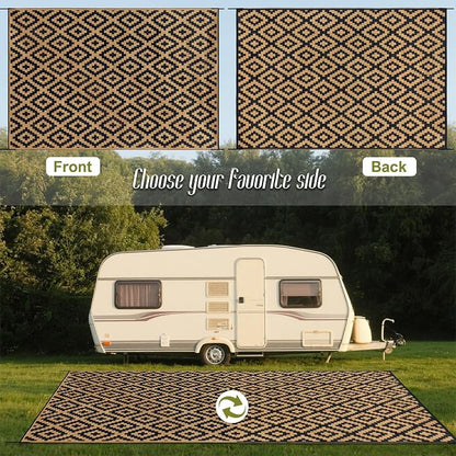 SAND MINE Reversible Mats, Plastic Straw Rug, Modern Area Rug, Large Floor Mat and Rug for Outdoors, RV, Patio, Backyard, Deck, Picnic, Beach, Trailer, Camping, Black & Brown, 10' x 14'