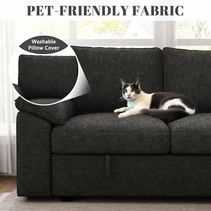 108 Inch Modular Sectional Sofa with Pull Out Bed, U Shaped 7 Seat Sectional Sleeper Sofa with Storage, Sectional Couches for Living Room,Cloud Modular Couch, Removable Sofa Cover, Black