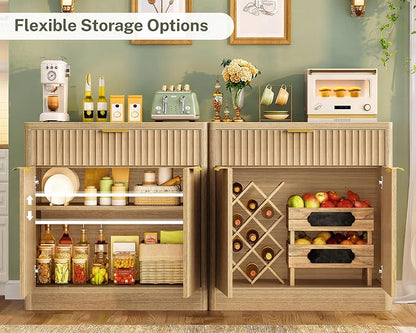 TEENFON 31.5" W Storage Cabinet with Drawer and Adjustable Shelf, Coffee Bar Cabinet, Fluted Sideboard Buffet Cabinet with 2 Doors for Living Room, Kitchen, Entryway, Natural