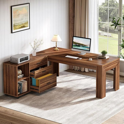Tribesigns 63" L Shaped Desk with File Cabinet, Large Executive Office Desk with Rolling Filing Cabinet, Long Computer Table with Drawers, Business Furniture Set for Home Office, Light Walnut