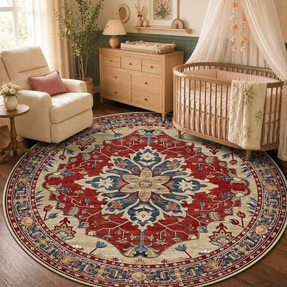 RELEANY Area Rugs Round 5ft Washable Non-Slip, Floral Vintage Distress Medallion Carpet for Living Room Bedroom Dining Room, Red Blue