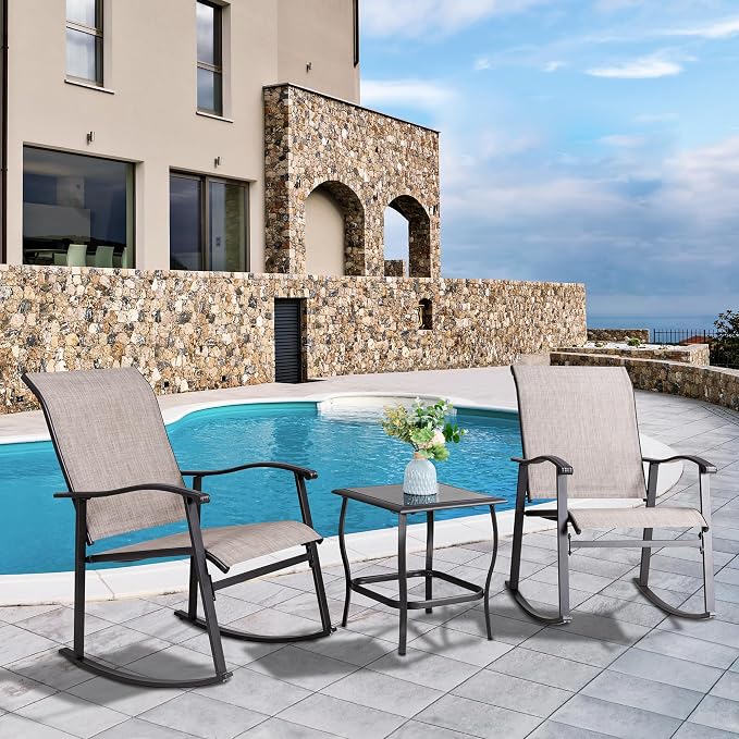 Vongrasig 3 Piece Outdoor Rocking Bistro Set, Textilene Fabric Small Patio Furniture Set, Front Porch Rocker Chairs Conversation Set with Glass Table for Lawn, Garden, Balcony, Poolside (Taupe)