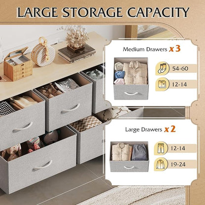 WLIVE Dresser for Bedroom with 5 Drawers, Wide Chest of Drawers, Fabric Dresser, Storage Organization Unit with Fabric Bins for Closet, Living Room, Hallway, Light Grey