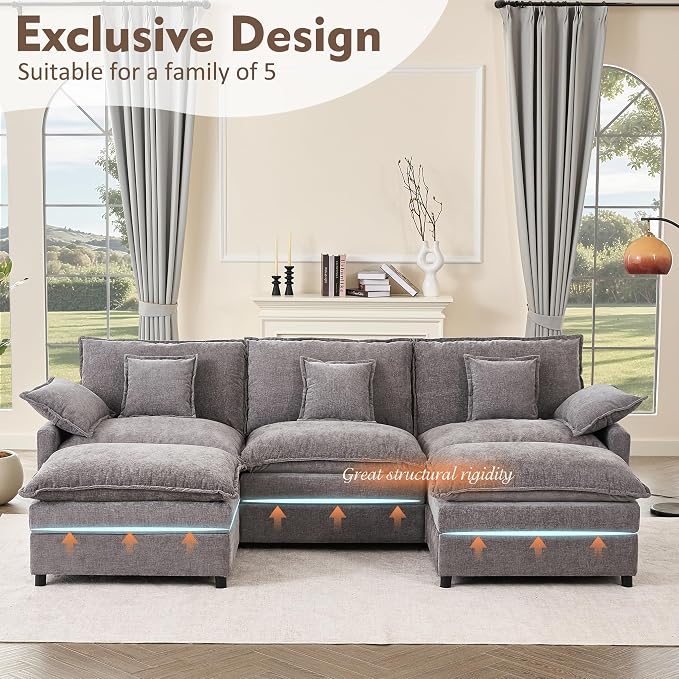 GOSUHI 108" U-Shaped Modular Cloud Couch, Deep Seat, Chenille Slate | Cloud Comfort, Couches for Living Room, Removable & Machine-Washable Covers, Movable Ottoman, Modular Sectional Sofa