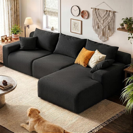 Homkdom 98" Boneless Modular Sectional Sofa, Cloud Couch with 27" Deep Seat & Oversized Chaise, L-Shaped High-Density Foam Sofa for Living Room, No Assembly Required (Black-Check, Right Facing)