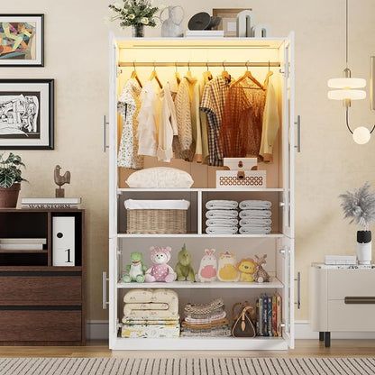 PAKASEPT Armoire Wardrobe Closet Door, Bedroom Closet Wardrobe Cabinet with Hanging Rod, Lighted Freestanding Armoire Storage Cabinet for Bedroom Cloakroom White (White&Full Glass Door)