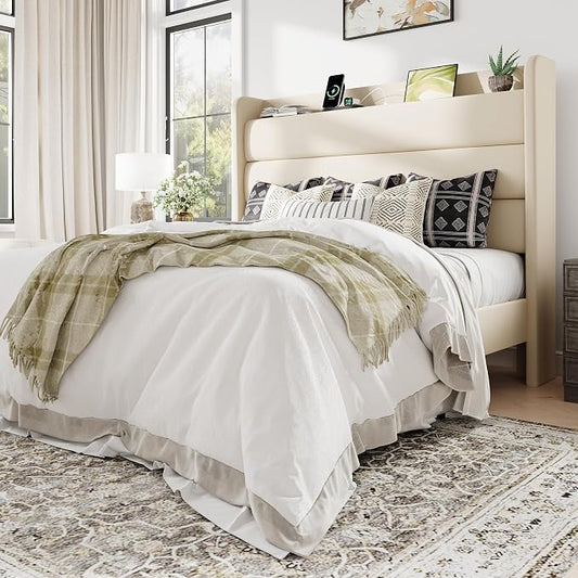 Allewie Full Size Upholstered Bed Frame with Charging Station & Storage Headboard, Soft Velvet Wingback Platform Bed, Strong Wooden Slats Support, No Box Spring Needed, Easy Assembly, Cream