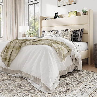 Allewie Queen Size Upholstered Bed Frame with Charging Station & Storage Headboard, Soft Velvet Wingback Platform Bed, Strong Wooden Slats Support, No Box Spring Needed, Easy Assembly, Cream