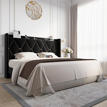 Allewie Velvet King Size Upholstered Bed Frame with Wingback Storage Headboard & Charging Station, Platform Bed with Diamond Tufted Design & Gold Trim, No Box Spring Needed, Easy Assembly, Black