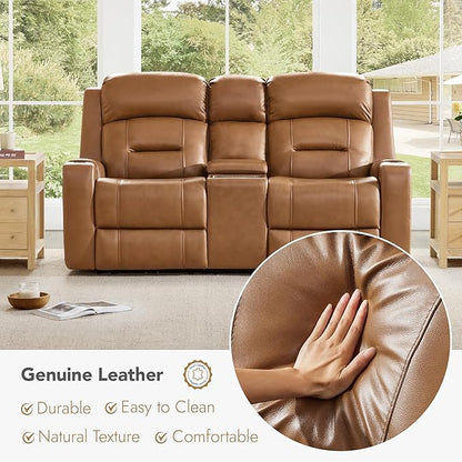 Watson & Whitely Genuine Leather Power Loveseat Recliner Sofa, Lay Flat Reclining Sofa with Console, Power Headrest, Cup Holders & Wireless Charging, Dual Recliner for Living Room, Saddle Brown
