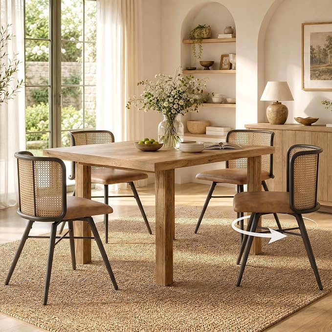 TYBOATLE Swivel Rattan Dining Chairs Set of 4 (Brown) | Farmhouse, Boho, Rattan Woven Back, Faux Leather Seat, Metal Legs, Upholstered, Kitchen, Dining Room