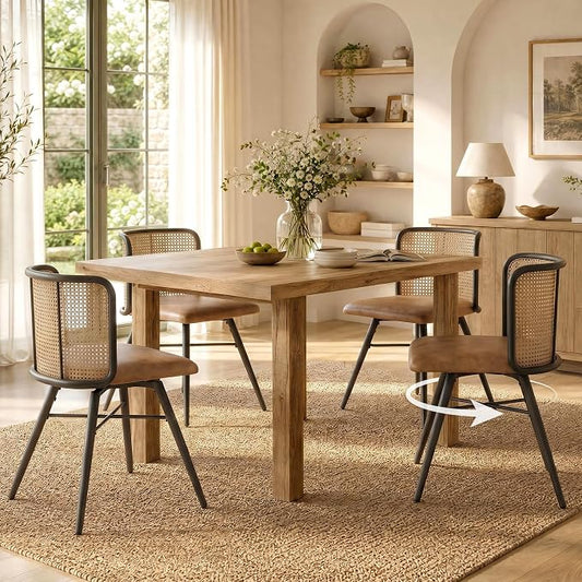 TYBOATLE Swivel Rattan Dining Chairs Set of 4 (Brown) | Farmhouse, Boho, Rattan Woven Back, Faux Leather Seat, Metal Legs, Upholstered, Kitchen, Dining Room