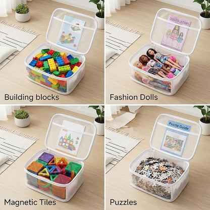 holay 4 Pack Clear Toy Storage Bags with Zipper & Handle, Board Game Bins | Reinforced base stands upright; clear PVC front; holds toys, board games & busy bags; foldable for playroom & travel