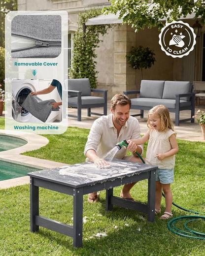 SERWALL 3 Pieces HDPE Outdoor Bistro Sofa Set with Cushions, All Weather Use Adirondack Single Armchair Set of 2 with Side Table, Grey Frame with Grey Cushions