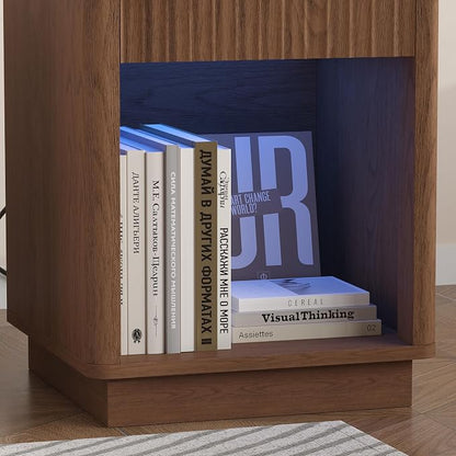 Akxomel Fluted Nightstand, Wooden Night Stand with Charging Station and LED Light, Modern Mid Century End Table with Drawer, 15" D x 15.7" W x 22.6" H, for Bedroom, Walnut