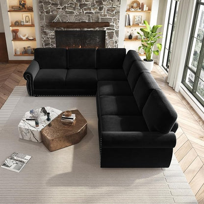 118" L-Shaped Sleeper Couch Bed - Oversize Convertible with Pull-Out Sofa Bed, Button Tufted Chesterfield Sofa, Chenille Sectional Vintage Couches for Living Room/Apartment(6-Seater, Black)