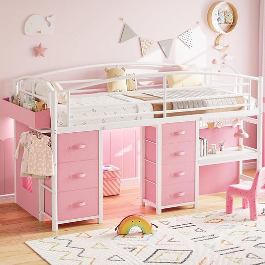 Low Loft Bed Twin Size with 7 Storage Drawers, Desk and LED Lights, Heavy Duty Metal Kids Loft Bed with 13.8" H Safety Guardrail, Anti-Collision Pad, Private Play Curtain, Under-Bed Play Space - Pink