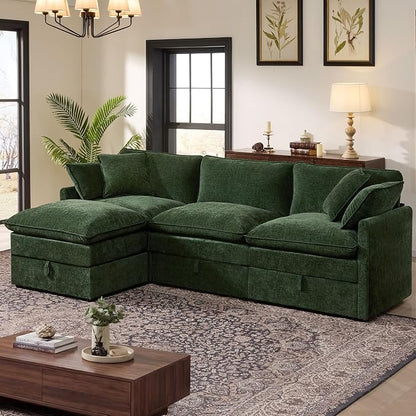 Ihanherry 103" Modular Sectional Sofa with Storage, L Shaped Cloud Couch with Movable Ottomans & 4 Pillows, Chenille Deep Seat Sectional Couches for Living Room, Apartment (Green)