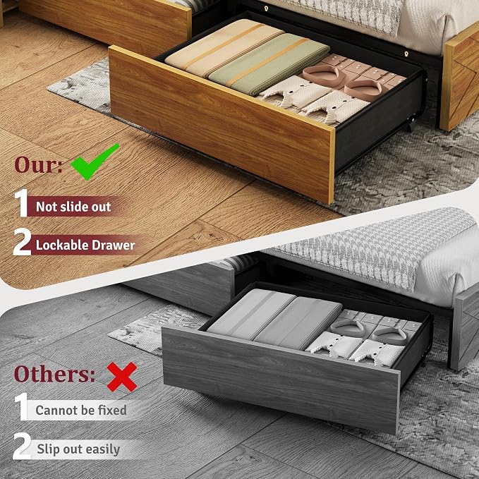 King Size Bed Frame with 2 Bedside Stoage Racks & 4 Locking Drawers, 51.18" Tall Headboard with Charging Station & RGB LED Lights, Farmehouse Platform Bed Frame, No Box Spring Needed, Brown