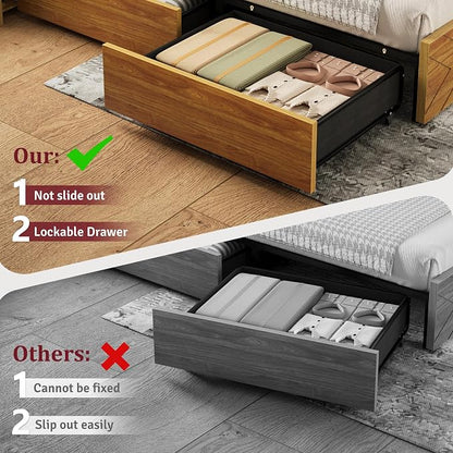 Queen Size Bed Frame with 2 Bedside Storage Racks & 4 Locking Drawers, 51.2" Tall Headboard with Charging Station & RGB LED Lights, Farmhouse Platform Bed Frame, No Box Spring Needed, Brown
