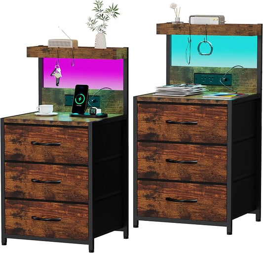 SZLHANJZ Nightstands Set of 2, End Table with LED Light and Charging Station Type C, 3 Drawers Storage Night Stand with Hooks, Tall Bed Side Table for Bedroom Dorm, Rustic Brown