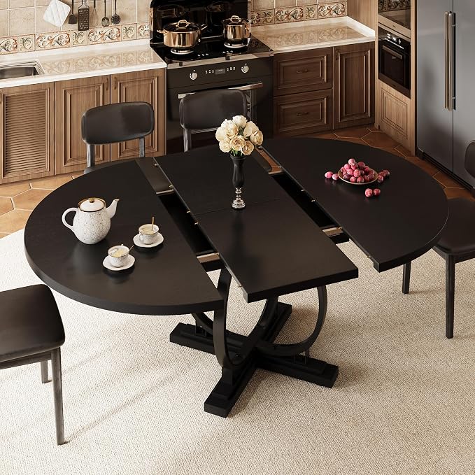 iPormis 59'' Extendable Round Dining Table for 4 to 6, Oval Kitchen Table with Sturdy X-Base Metal Legs, MDF Board with Backboard Clasp, Space Saving, Easy Assembly, Kitchen Dining Living Room, Black