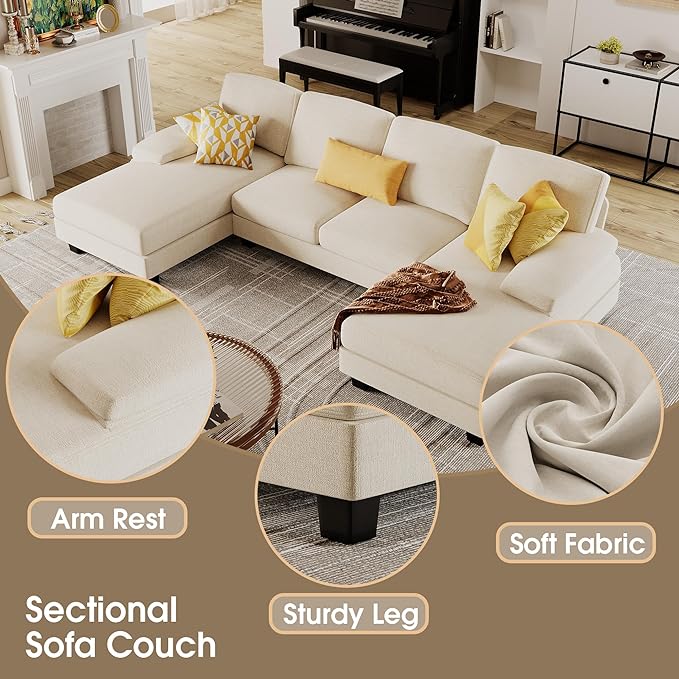 Furmax Sectional Couches for Living Room, U-Shaped Sofa Couch with Linen Fabric, 4 Seat Sofa Set with Double Chaise for Apartment (Chenille, White)
