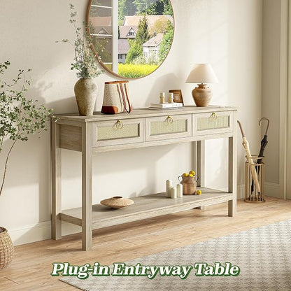 SUPERJARE Rattan Console Sofa Table with Outlets and USB-C Port, 3 Drawer Entryway Table with Synthetic Rattan Surface, Open Shelf, Behind Couch Entry Foyer Hallway Storage, Light Gray