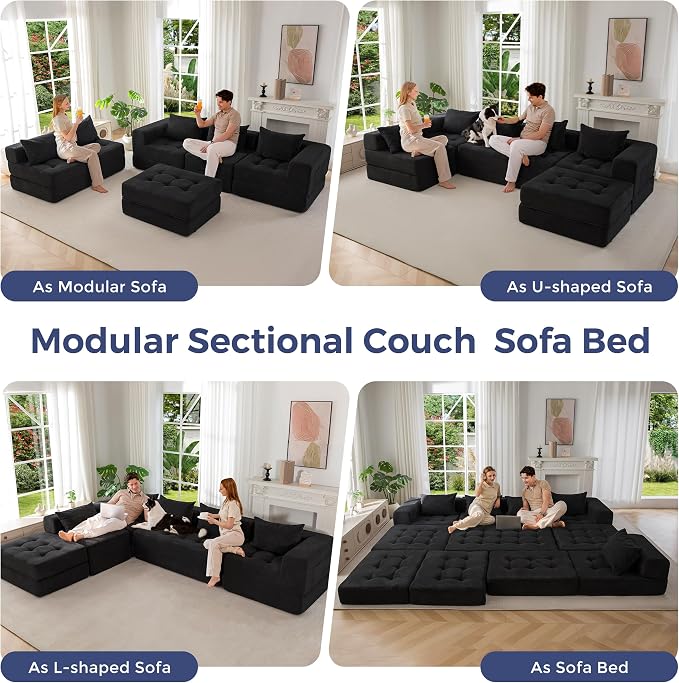 MAXYOYO Modular Sectional Sofa Couch, Foldable U Shaped Cloud Couch with Pillows, Tufted 6-Seat Boneless Sofa Lounger for Living Room, No Assembly Required, Black