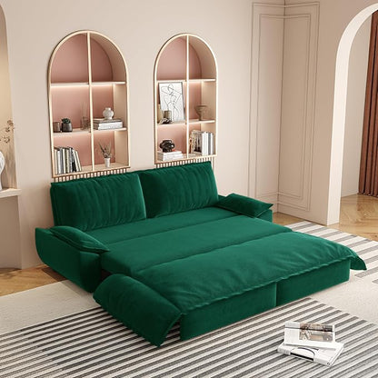 73.2" Sleeper Sofa Bed Queen, 3-in-1 Convertible Couch, Modern Pull Out Couches, Comfy Velvet Futon Sofa, Cloud Loveseat Lounge, Pillow Arm, for Small Spaces, Apartment, Living Room, Green