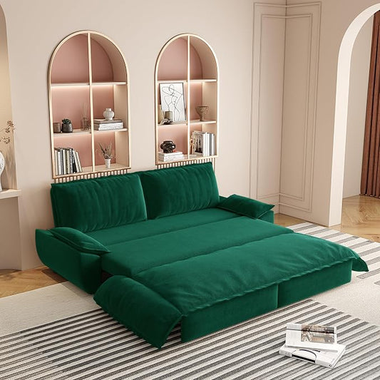 73.2" Sleeper Sofa Bed Queen, 3-in-1 Convertible Couch, Modern Pull Out Couches, Comfy Velvet Futon Sofa, Cloud Loveseat Lounge, Pillow Arm, for Small Spaces, Apartment, Living Room, Green