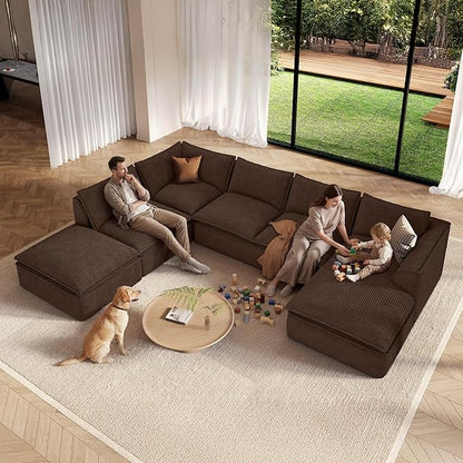 Vesgantti 141.7" Oversized Modular Sectional Sofa, Modern 7 Seater Boneless Couch with Chaise and Ottoman, Deep Seat Plush Corduroy Cloud Style for Living Room, No Assembly Required,Brown