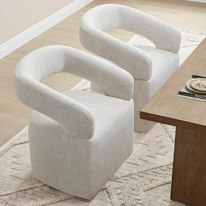 KISLOT Upholstered Dining Chairs Set of 1, Modern Rolling Dining Chairs with Hidden Casters, Arm Kitchen Chairs with Linen Look Fabric, Padded Barrel Chairs for Dining Room, Kitchen, Bedroom, Beige