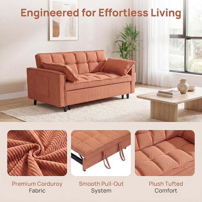 3 in 1 Convertible Sofa Bed, Corduroy Fabric Loveseat Sleeper Couch, Modern Pull Out Couch with Side Pockets, Sleeper Sofa Bed with Adjustable Backrest for Living Room, Orange