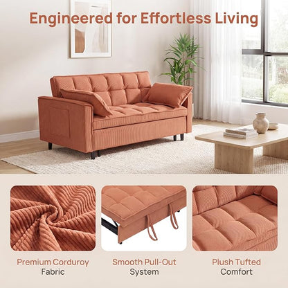 3 in 1 Convertible Sofa Bed, Corduroy Fabric Loveseat Sleeper Couch, Modern Pull Out Couch with Side Pockets, Sleeper Sofa Bed with Adjustable Backrest for Living Room, Orange