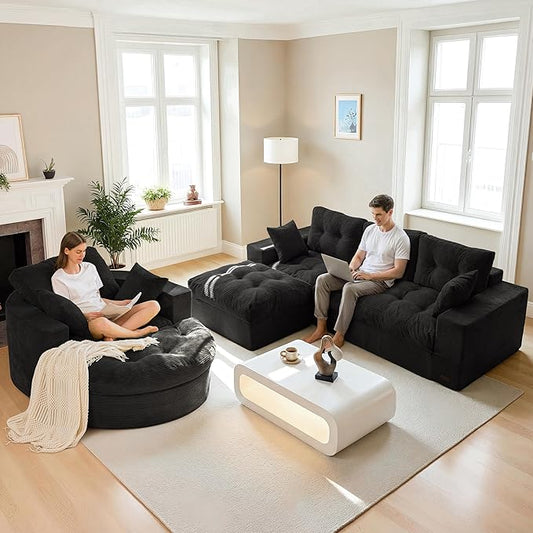 MAXYOYO L Shape Sectional Sofa Couch and Round Chaise Lounge, Modern Cloud Couch with Ottoman, Comfy Sofa with Layered Cushion, Tufted Upholstered Chair for Living Room, No Assembly Required