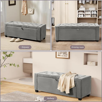 Royal Windsor Ottoman with Storage,Tufted Storage Bench with Safety Hinge,Holds up to 350 lb,Upholstered Bench with Seating for Bedroom, Living Room,Entryway,Linen Light Gray