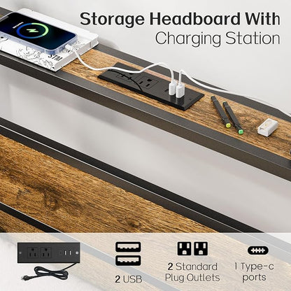 Liians Twin Bed Frame with Storage Headboard USB Charging Station, Smart LED Lights, Metal Platform Bed Easy Assembly, No Box Spring Needed